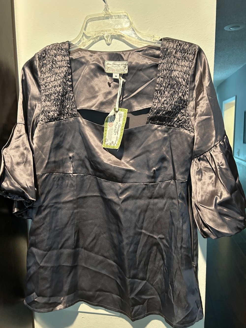 Satin Square-Neck Puff Sleeve Blouse in Charcoal Gray